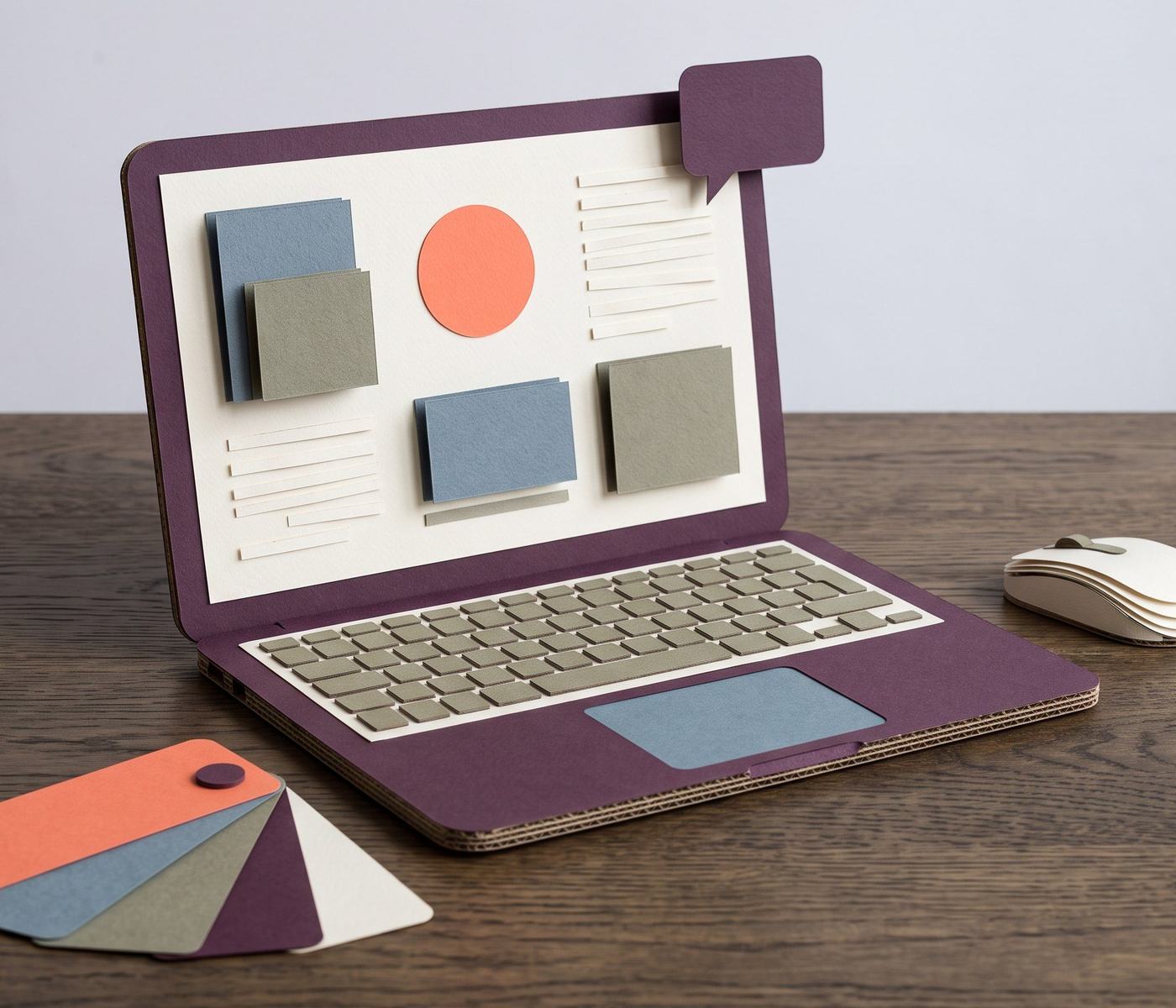 Laptop aus farbigem Papier mit einem Website-Layout auf dem Bildschirm, daneben ein Farbfächer und eine Maus aus Papier