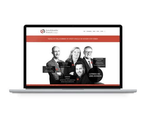 Website-Design für eine Anwaltskanzlei: Startseite mit Schwarz-Weiß-Porträts des Teams